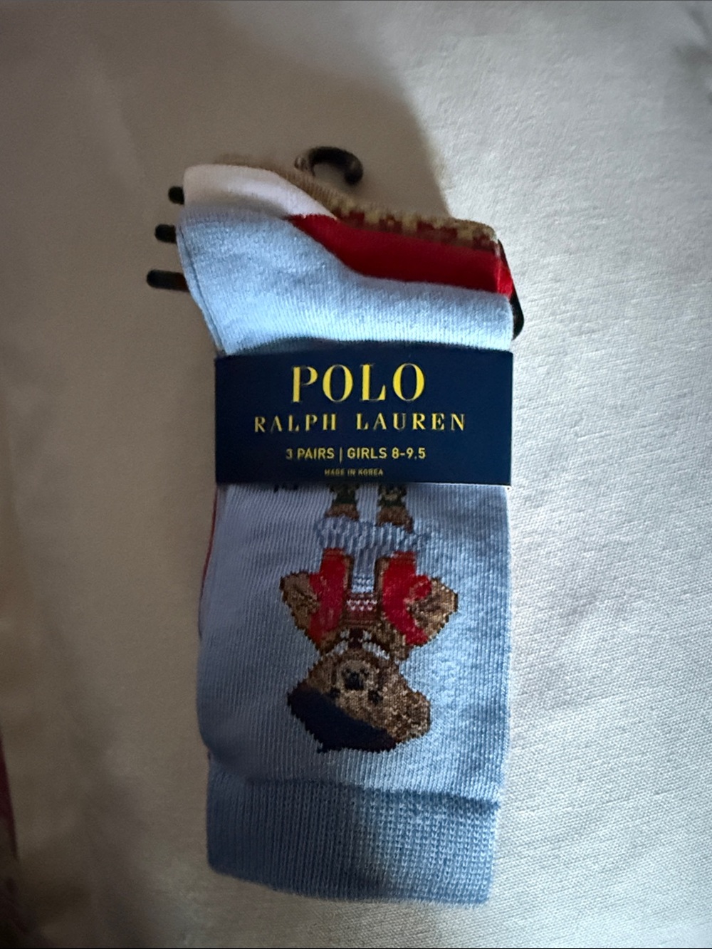 Polo by Ralph Lauren Light Blue Bear Crew Socks with Red Accent